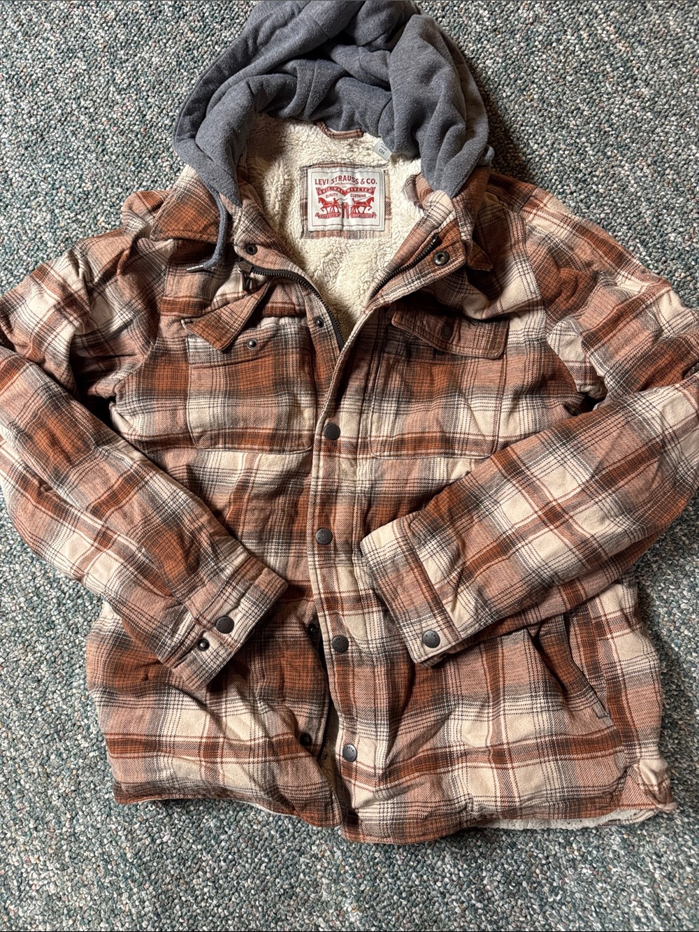 Levi's Brown and Cream Plaid Sherpa-Lined Hooded Field Jacket